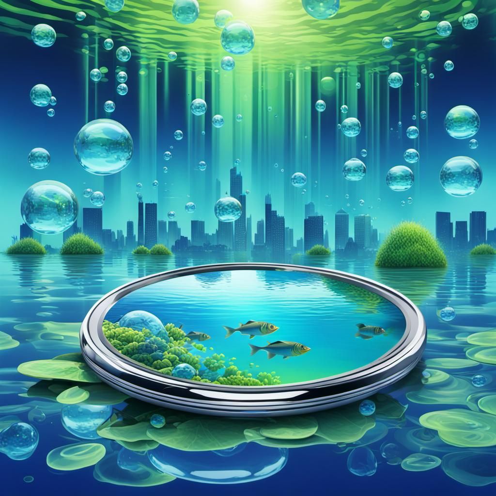 Futuristic Cityscape with Chrome Bubbles and Retro Tech