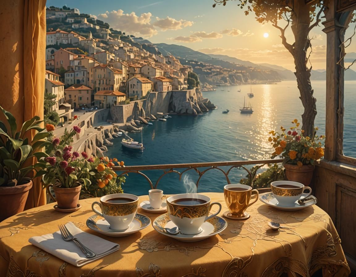 French Riviera Cafe View in Dreamy Oil Painting Style