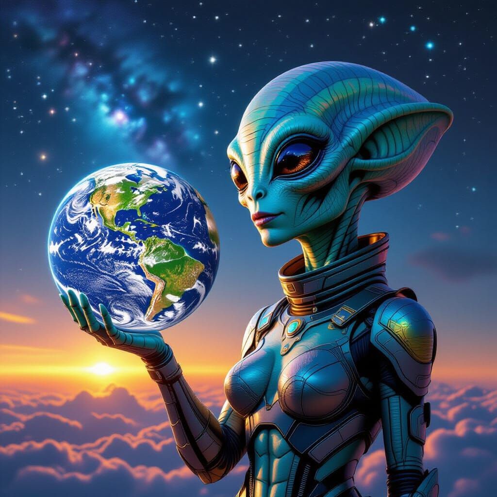 Futuristic Alien Gazing at Earth in Cosmic Setting