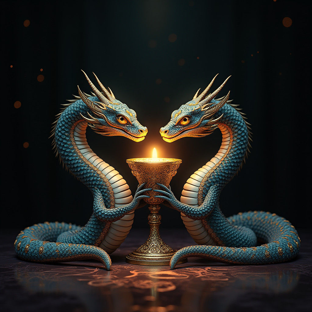 Serpents Share Goblet in Mystical Ritual
