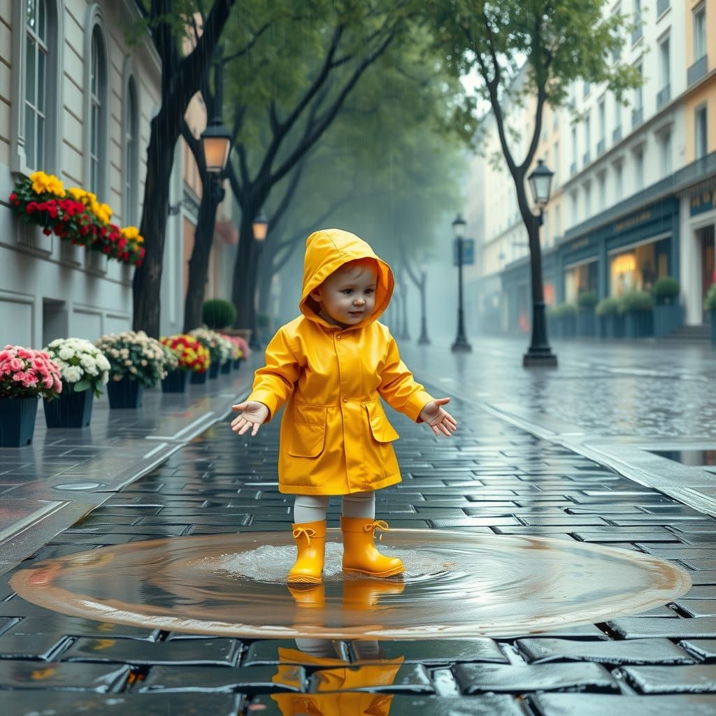 Toddler Splashing in Puddle: Impressionist Style