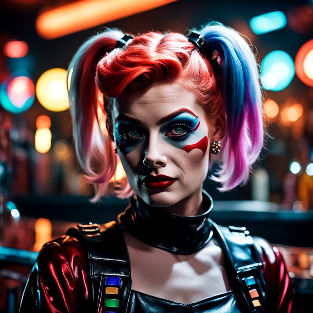 Futuristic Harley Quinn in Cyberpunk Bar, Hyperrealistic Por...