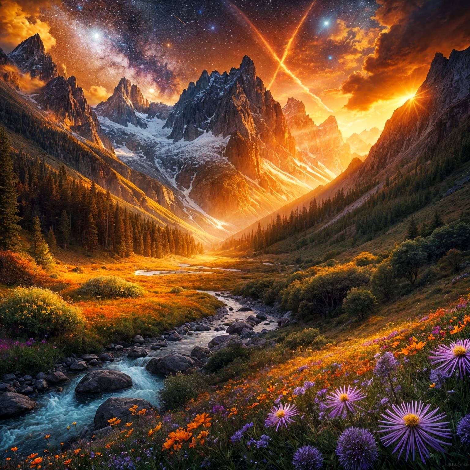 Luminous Alpine Meadow at Golden Hour with Jagged Peaks