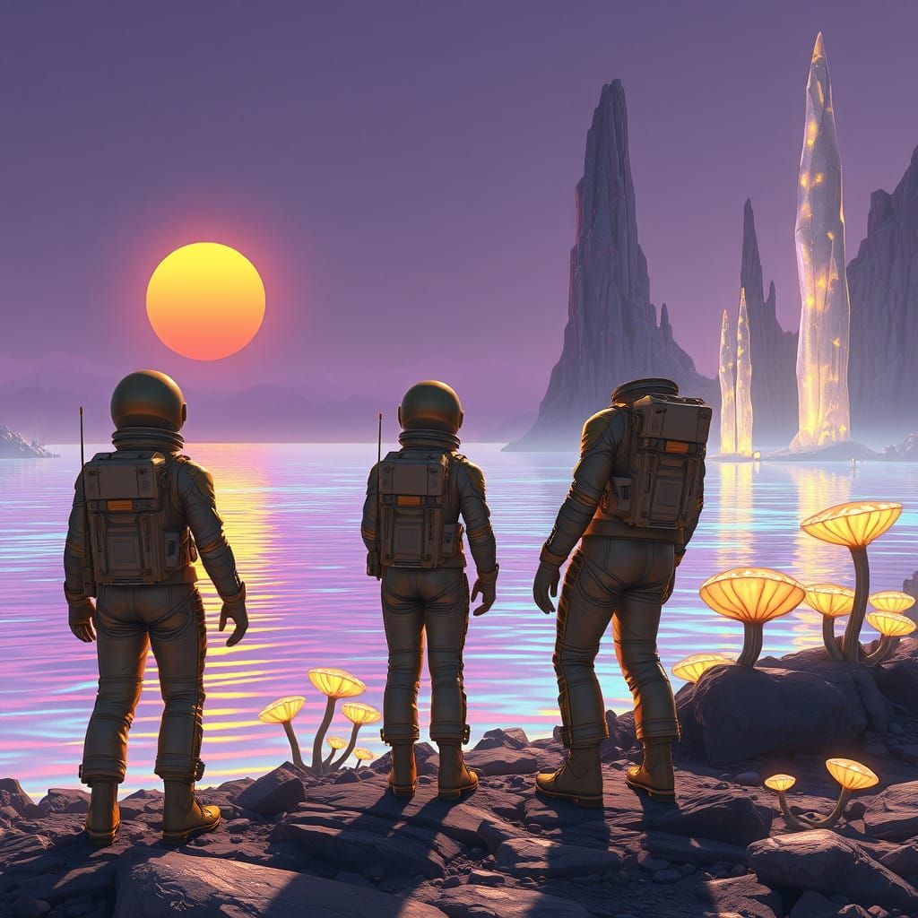 Mystical Alien World Unfolds Under Iridescent Sunsets