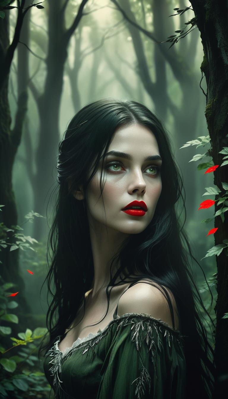 Gaunt Woman with Red Lips in Dark Fantasy Forest
