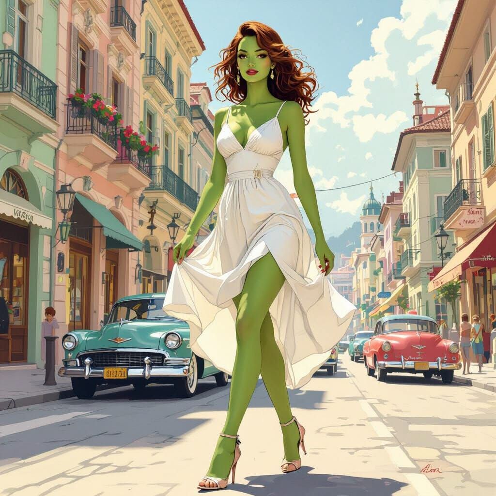 Art Nouveau Woman in Retro Pastel City Street