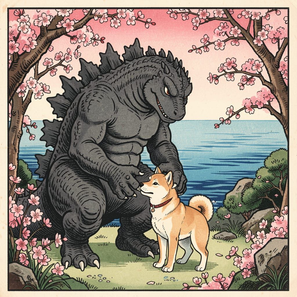Godzilla Gently Pets Shiba Inu in Japanese Garden
