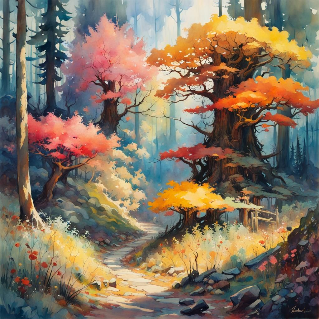 Enchanted Forest in Bright Watercolour Fantasy