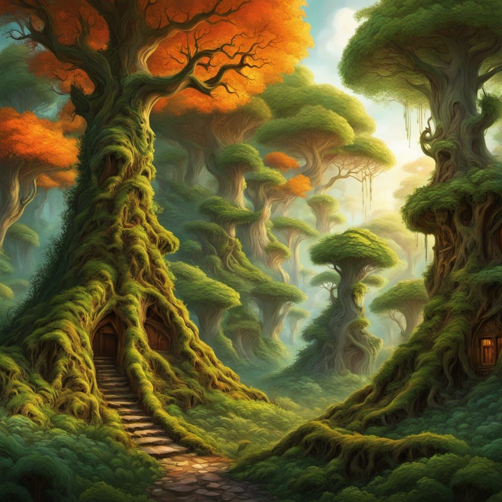 Colossal Forest Homes in Hyperrealistic Fantasy Art