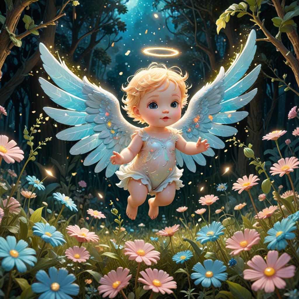 Chibi Angel in Candy Land with Bioluminescent Flora