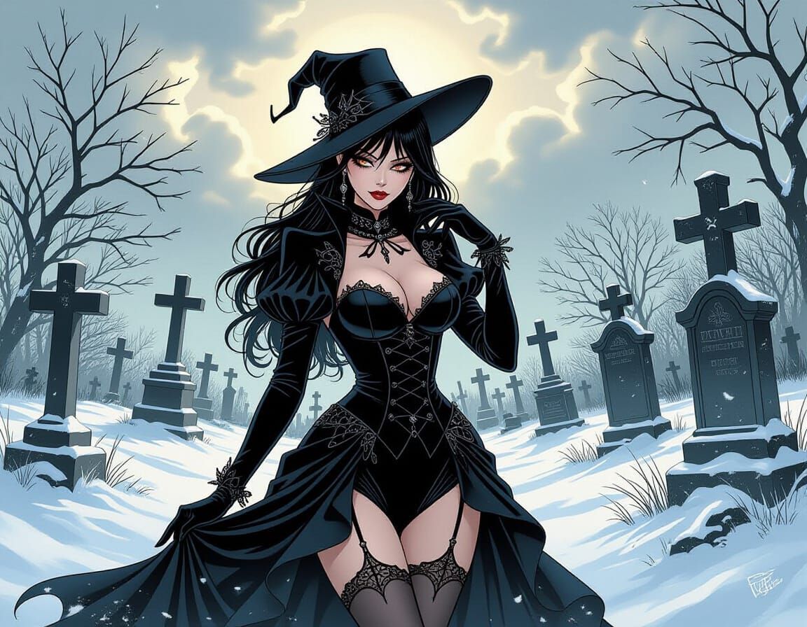 Gothic Manga Woman in Winter Graveyard