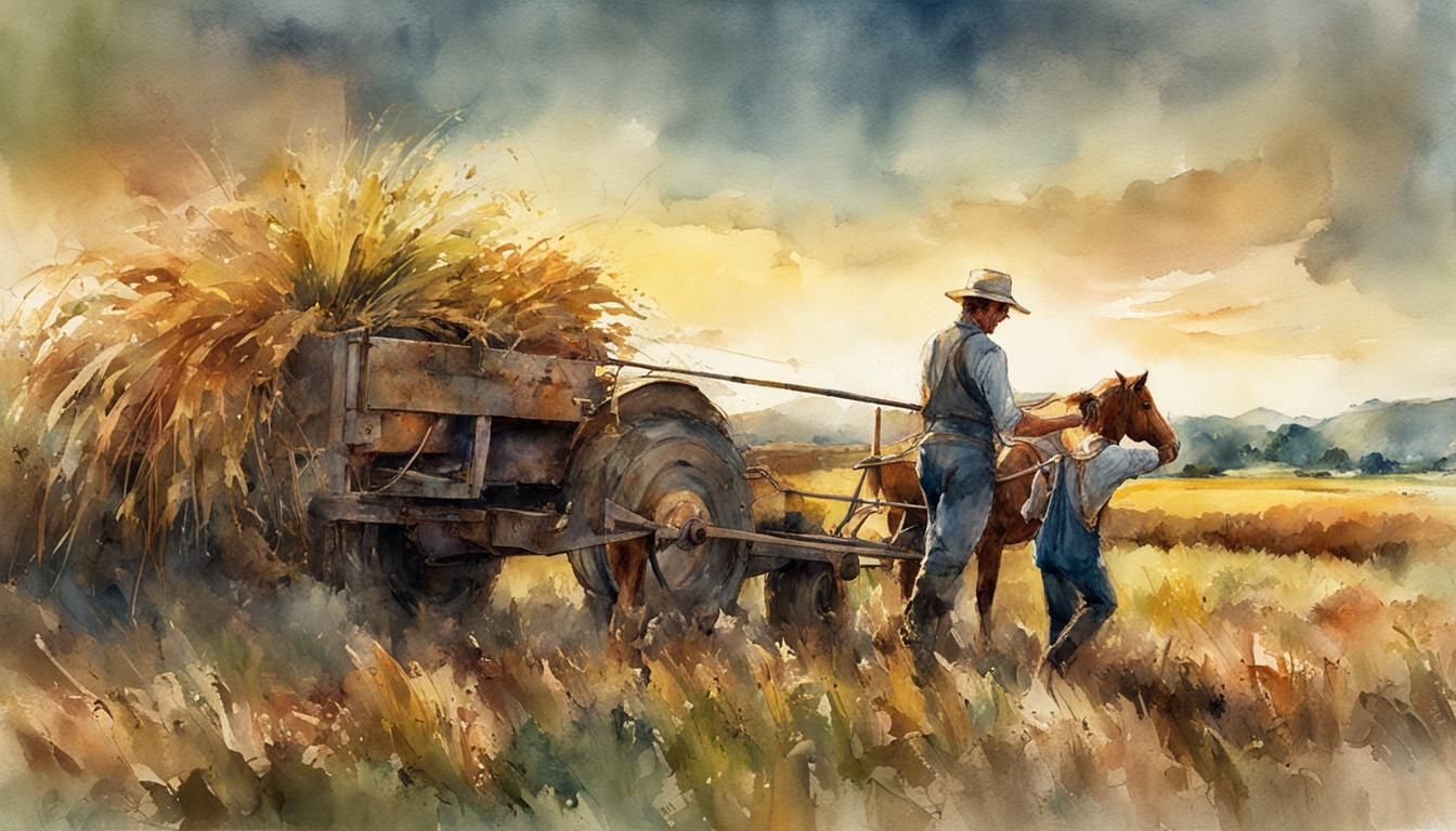 Farmer Plowing Field: Digital Watercolor Summerscape