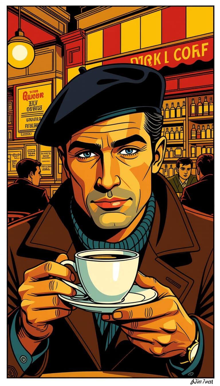 French Actor in Cafe, Comic Book Art Style