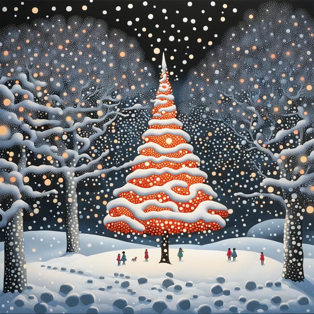 Winter Landscape at Night with Christmas Tree, Kusama Style