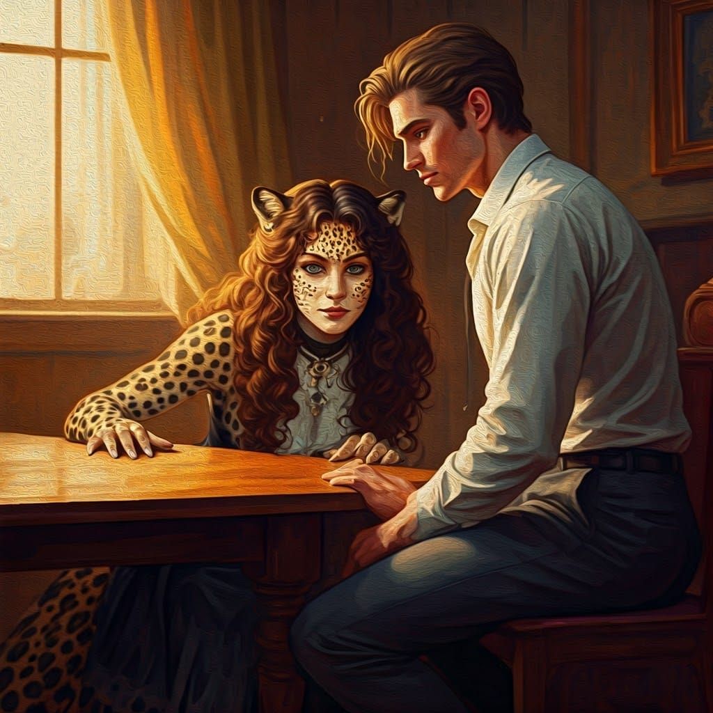 "Man and  Leopard Woman" in the style of Norman Lindsay,1905. neo-impressionism