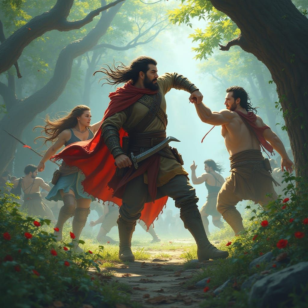 Warrior Defends Woman in Lush Fantasy Landscape