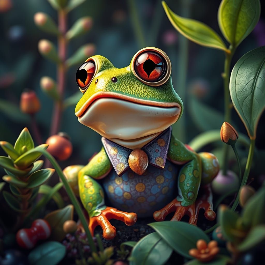 Surprised Cartoon Frog in Cosmic Landscape