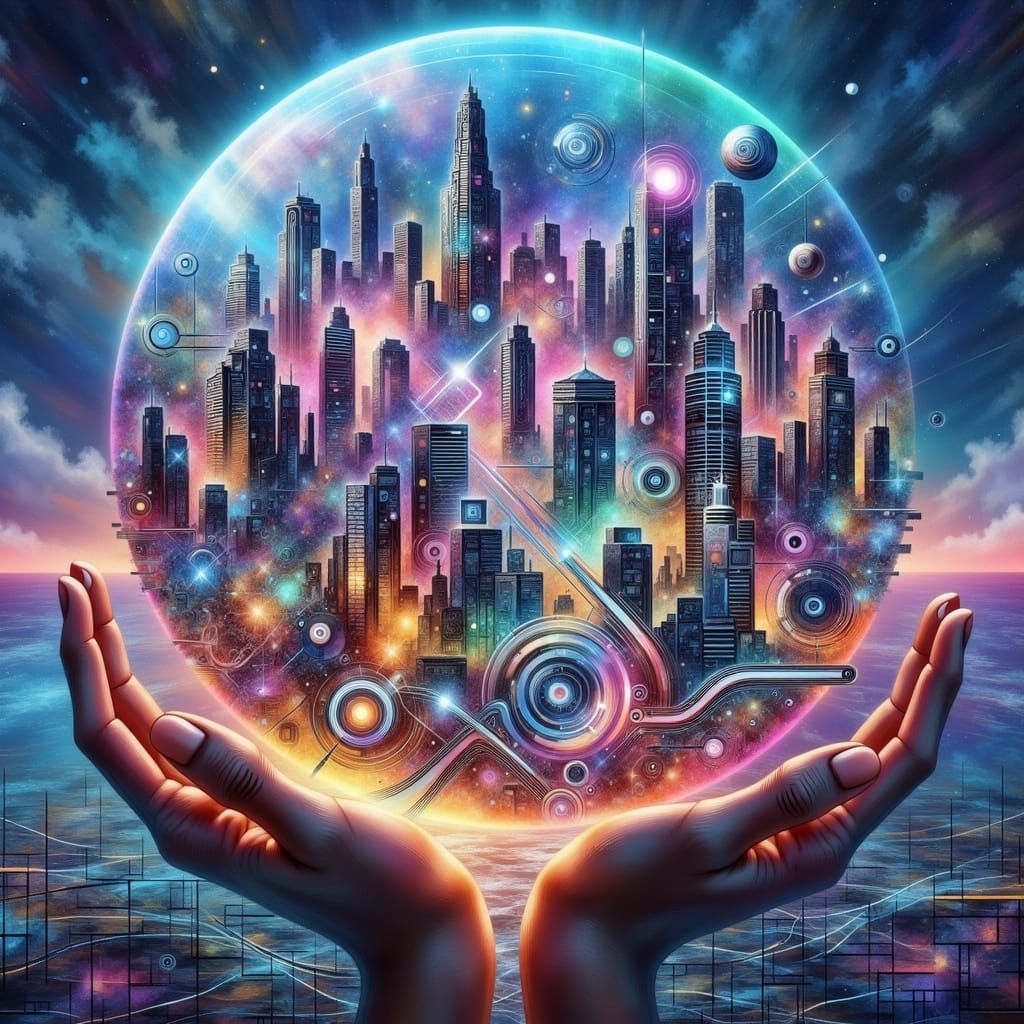 Futuristic Cityscape with Rainbow Arc in Cyberpunk Style