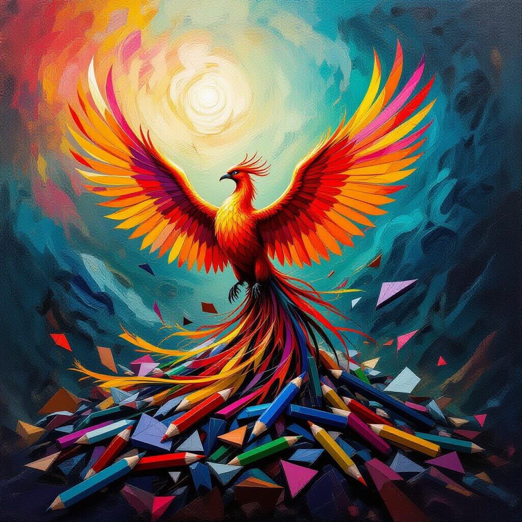 Phoenix Rises From Shattered Pencils in Surreal Art Style