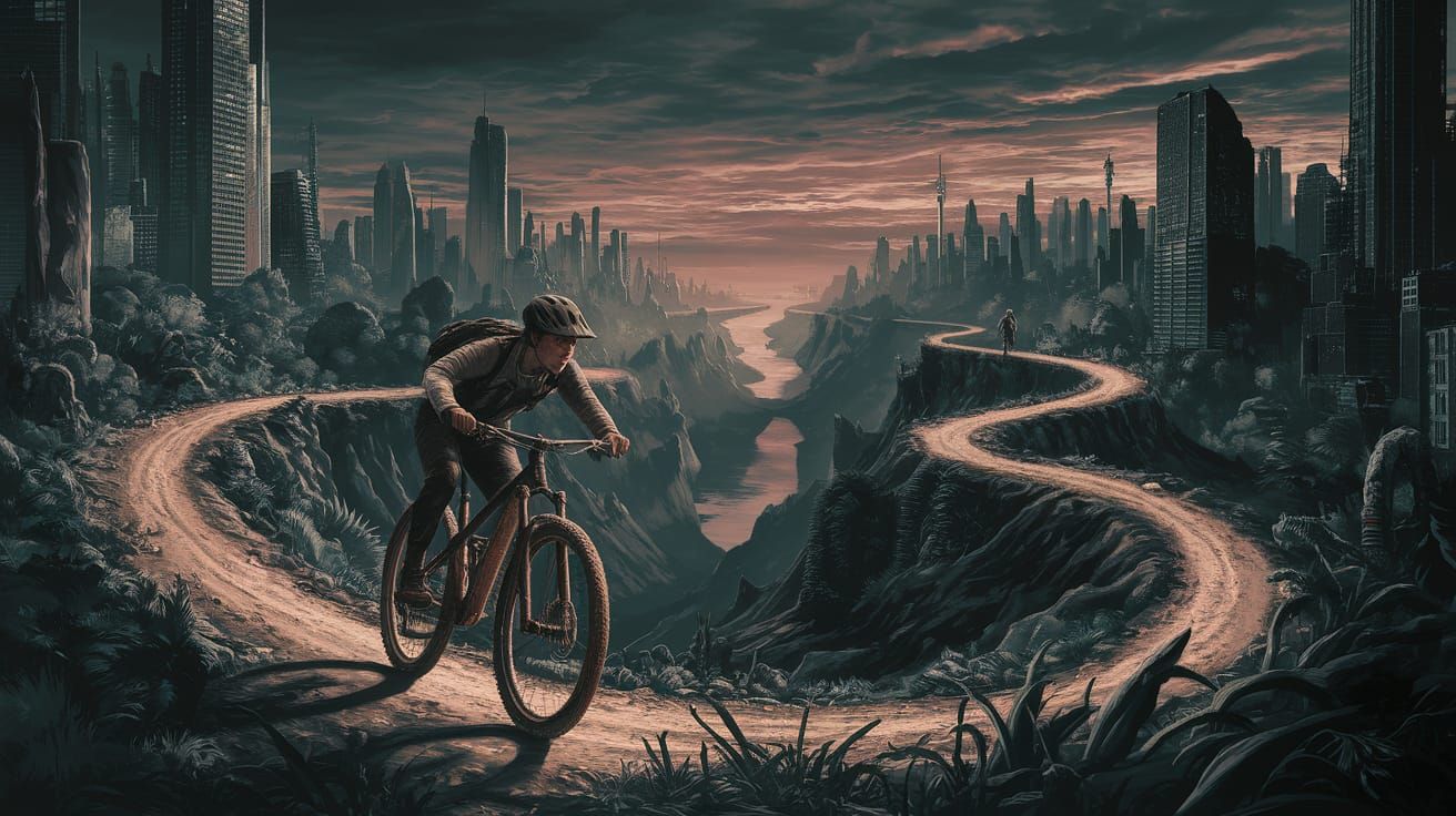 Mountain Biker in Post-Apocalyptic City Jungle