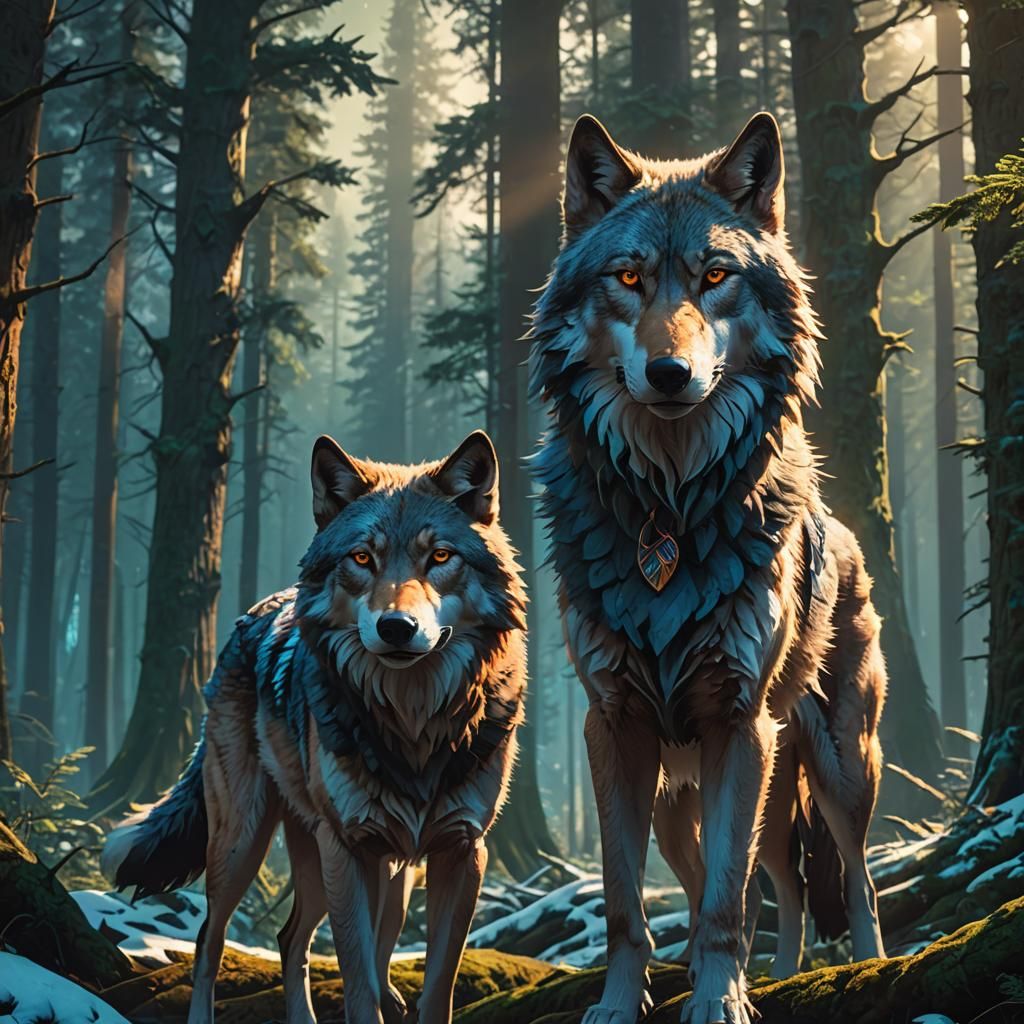 Artemis and Wolf in Mystical Forest: Fantasy Art
