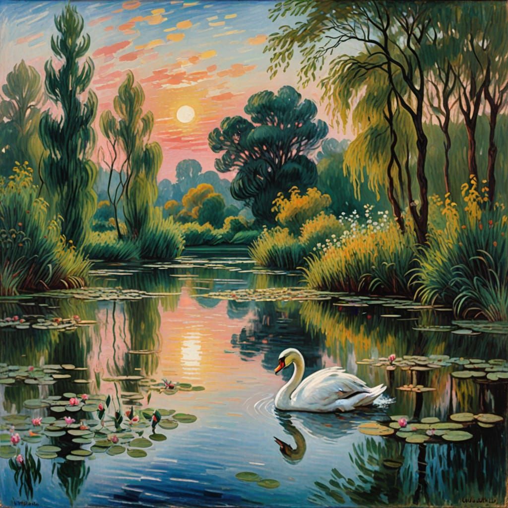 Golden Twilight Pool with Majestic Swan and Lush Willows