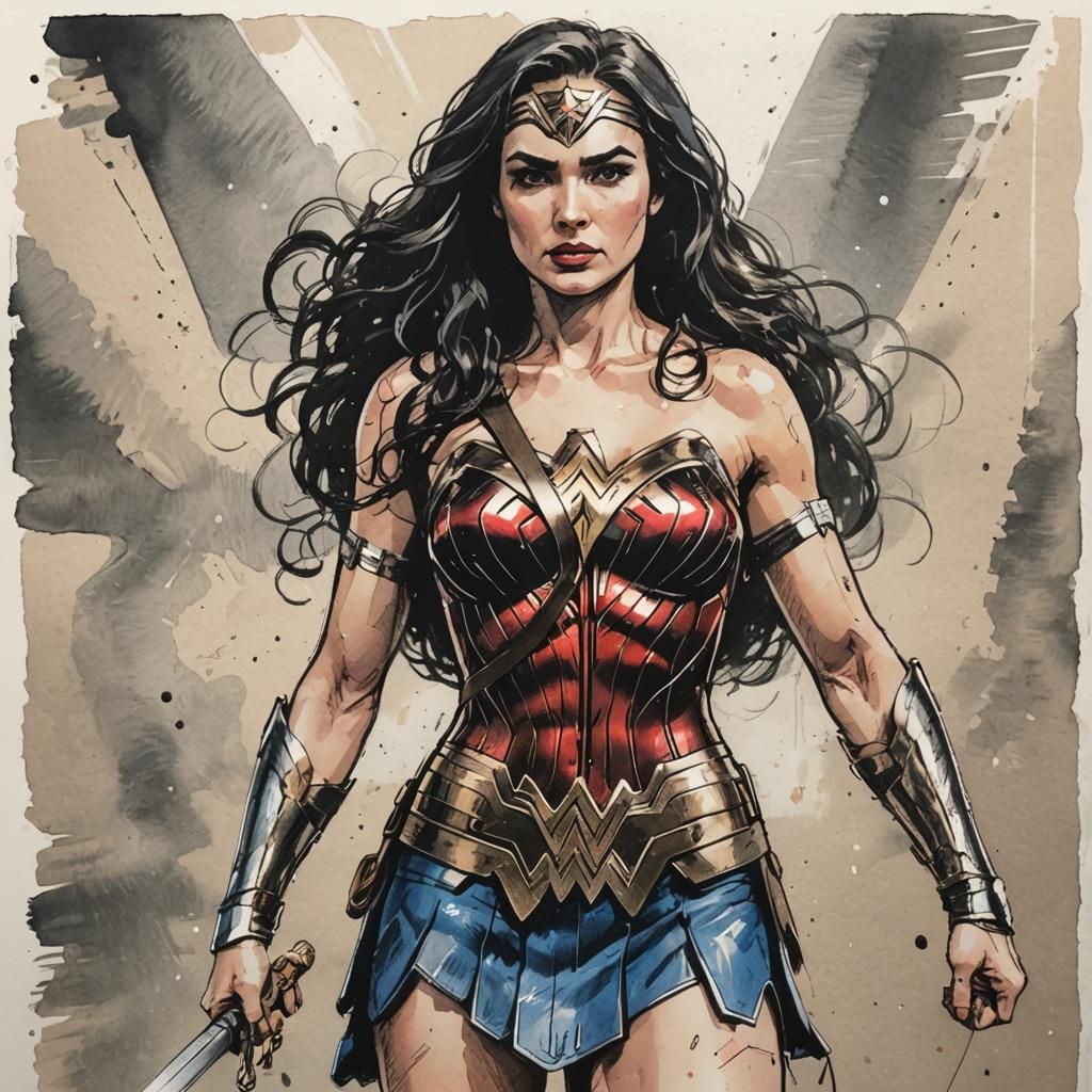 Wonder Woman Comic Sketch in Watercolor Style