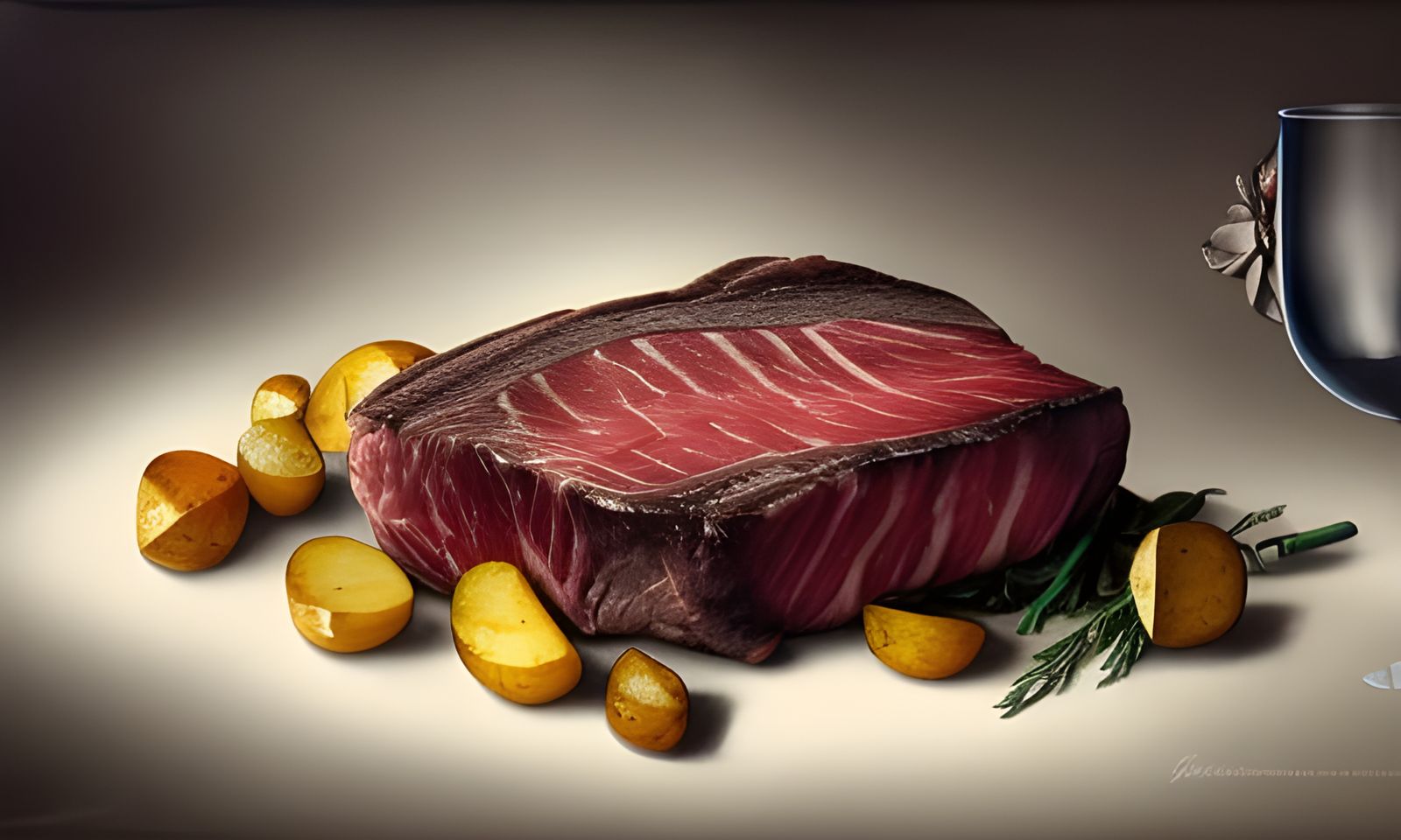 Perfect fine-dining medium-rare steak glistening veggies