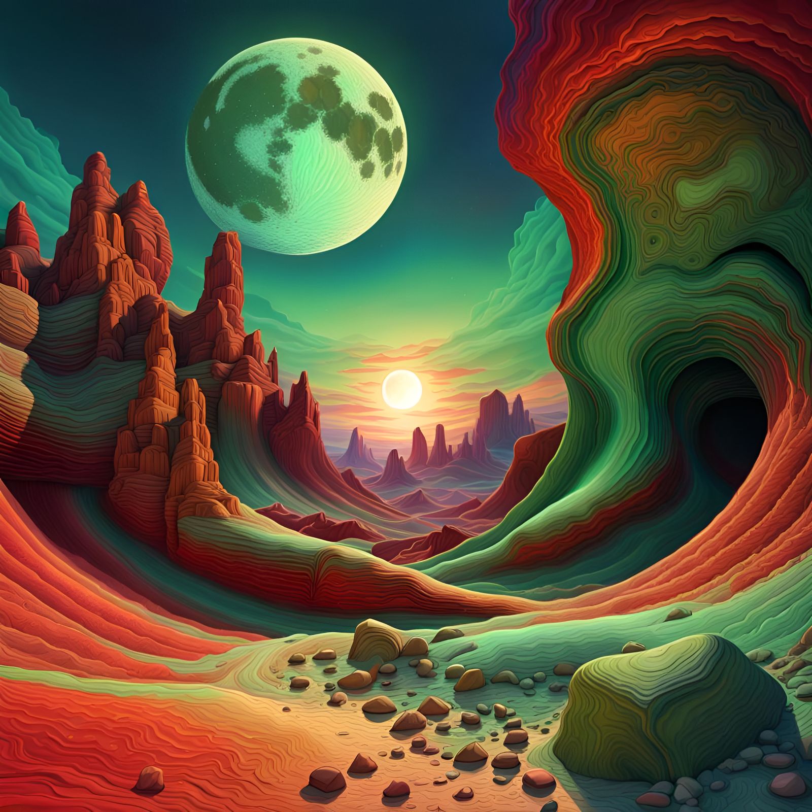 canyon, red, green, multicolor rocks, desert below