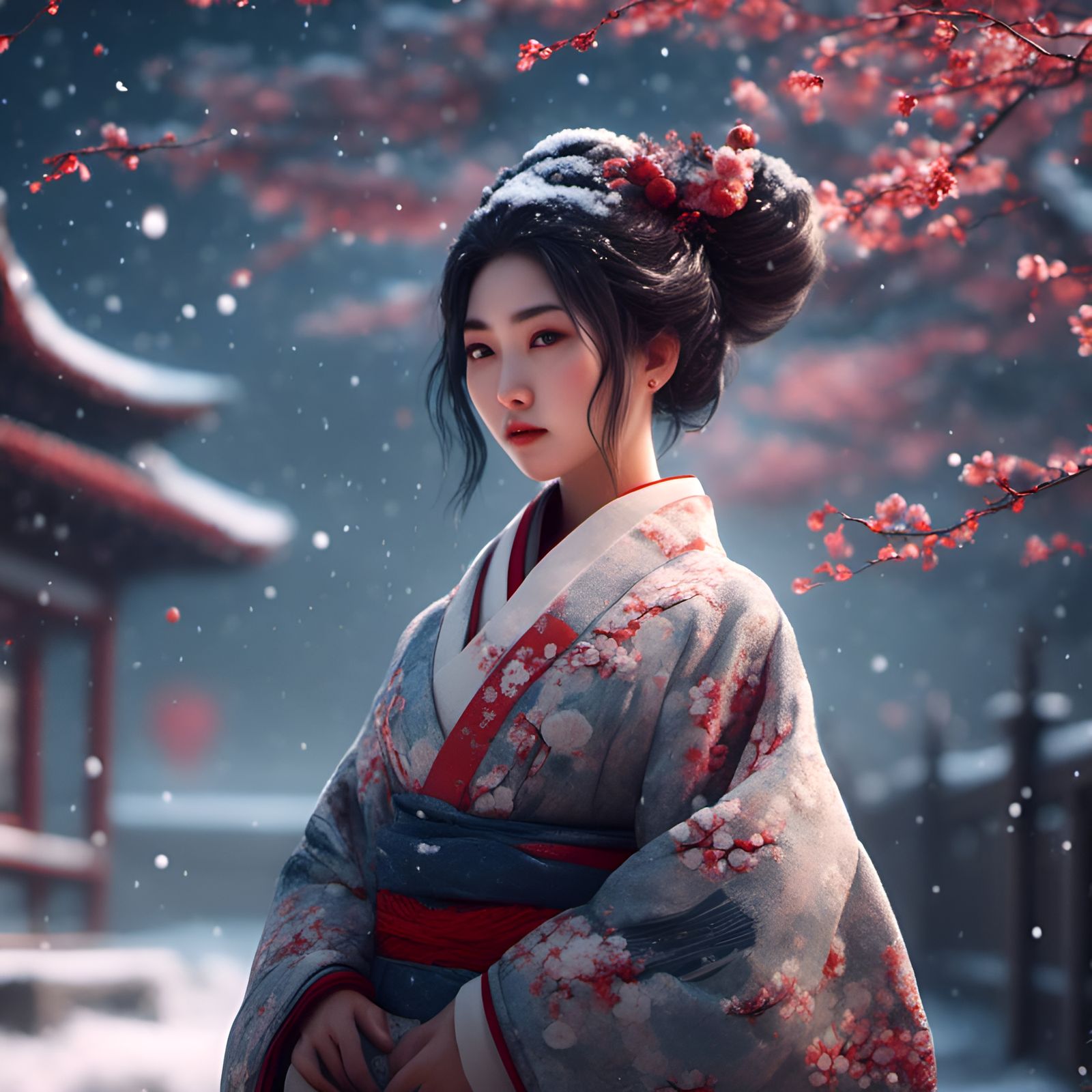 Asian Girl in Winter, Ukiyo-e HDR Rendering