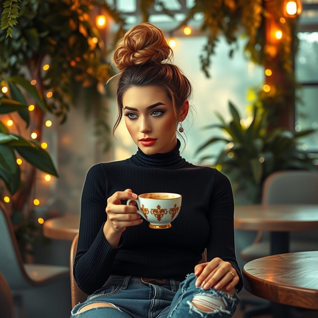 Woman in Chic Bun Sips Coffee in Mystical Cafe