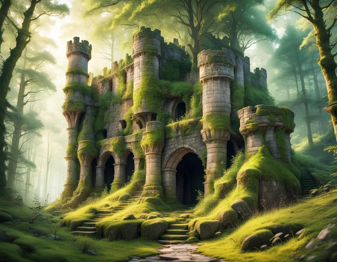 Abandoned Castle Wall in Primeval Forest at Magic Hour