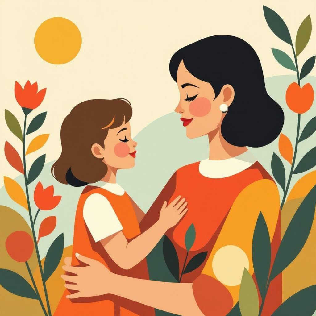 Mid-Century Modern Folk Art of Woman and Child