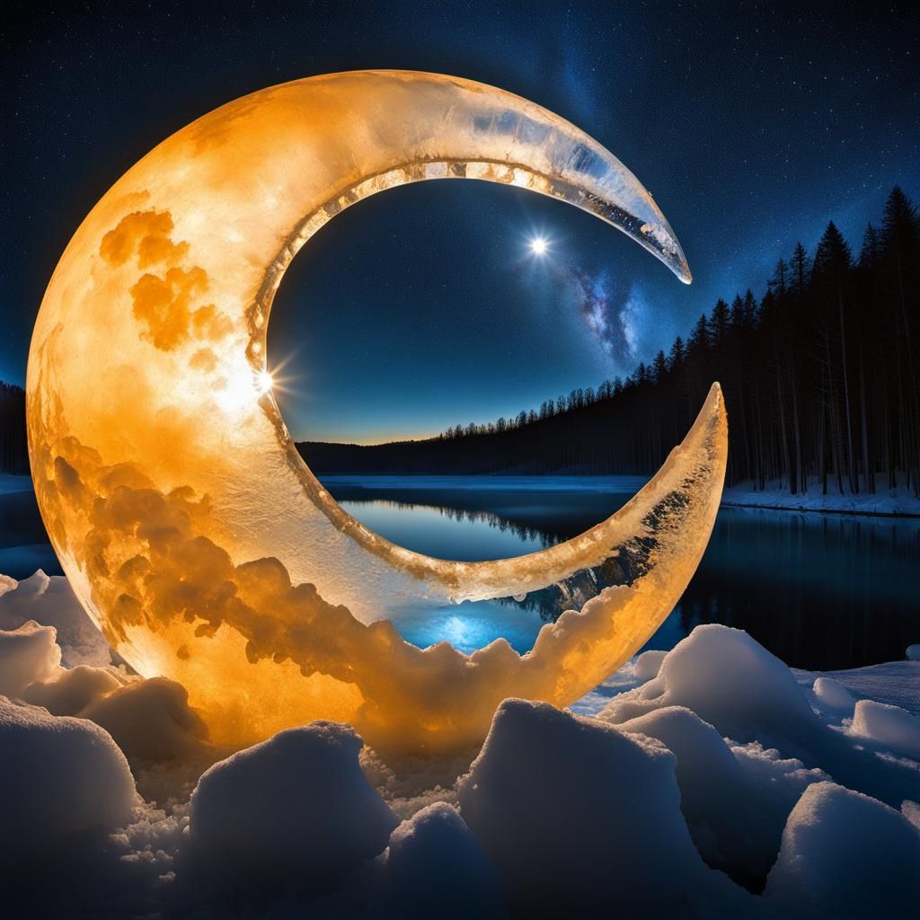 Ice Moon Sculpture Emerging from Frozen Lake