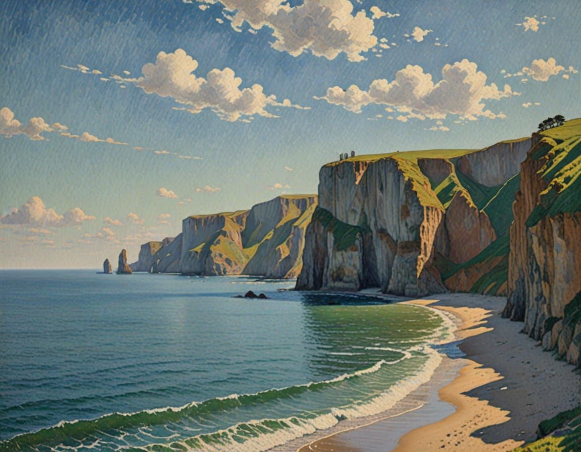 Pointillist Cliffs and Sea Stacks in Oil Paint