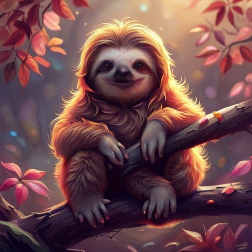 Cute Fluffy Sloth in Tree: Hyperdetailed Digital Art