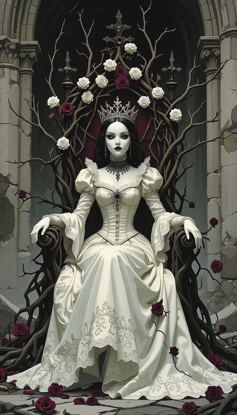 Melancholic Porcelain Queen in Decaying Gothic Cathedral