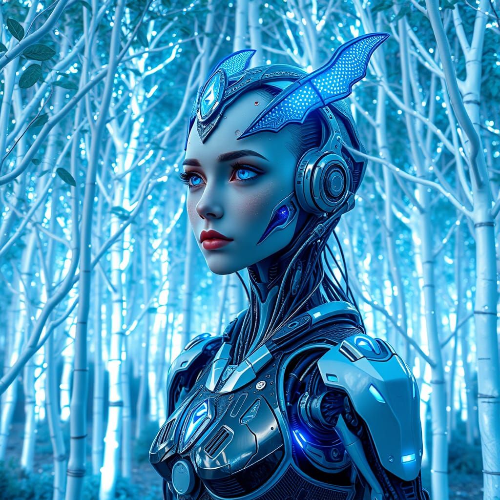 Cyborg Fae in a Shimmering Metal Forest