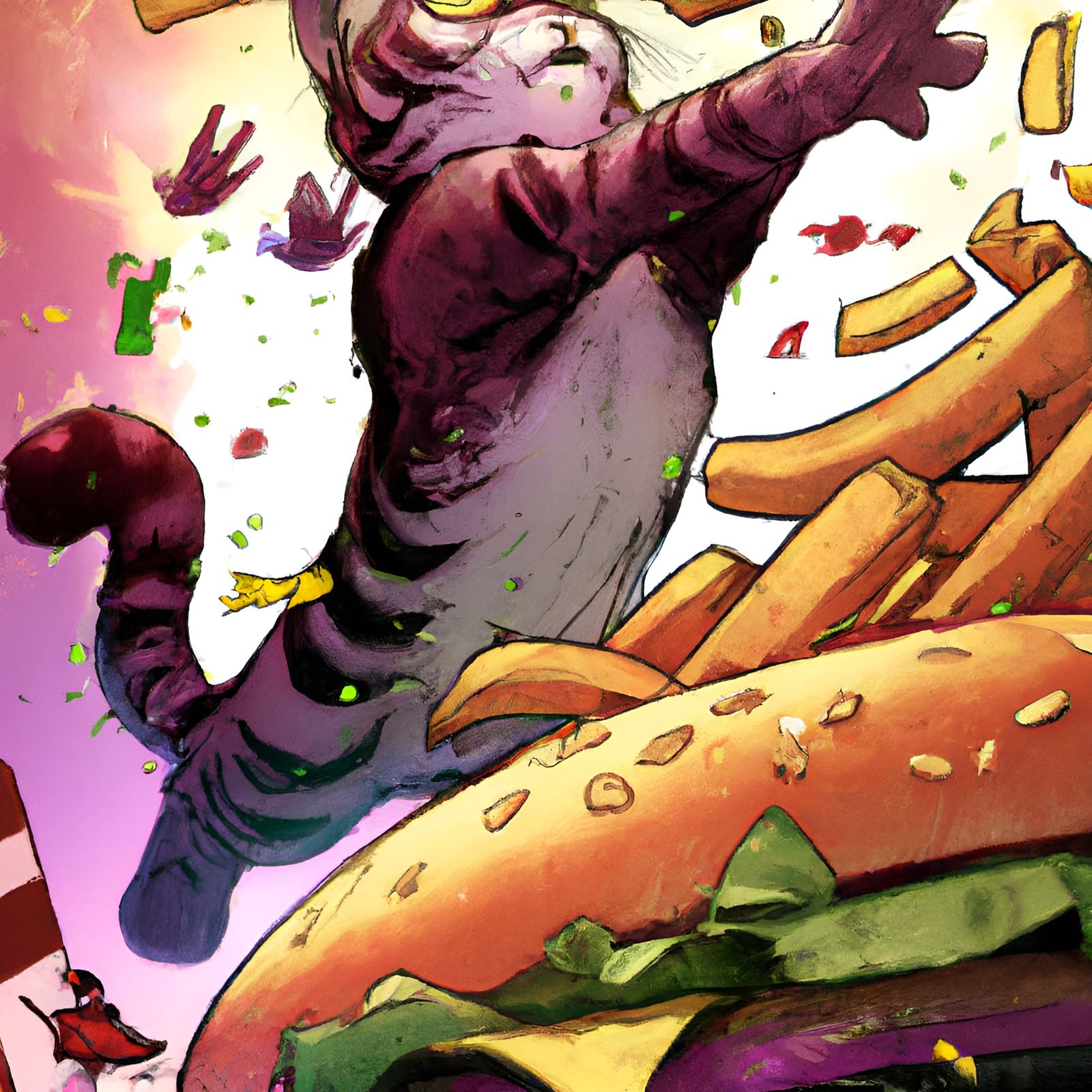 Cosmo Cat Battles King Cheeseburger in Digital Art