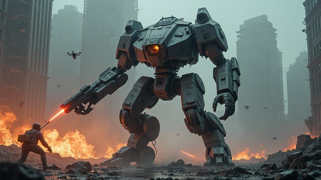 Epic Mech Gladiator Battle in Ruined Cityscape