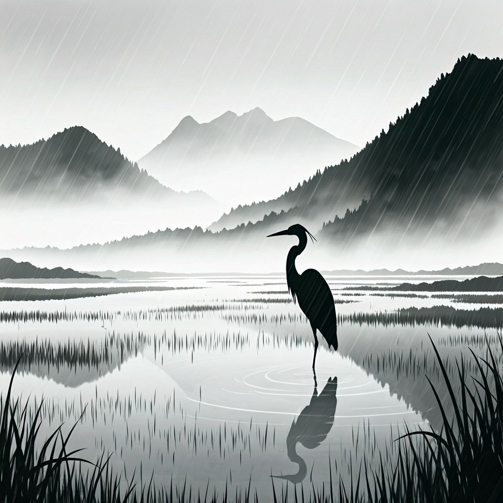 Sumi-e Ink Painting of Heron in Rice Paddy