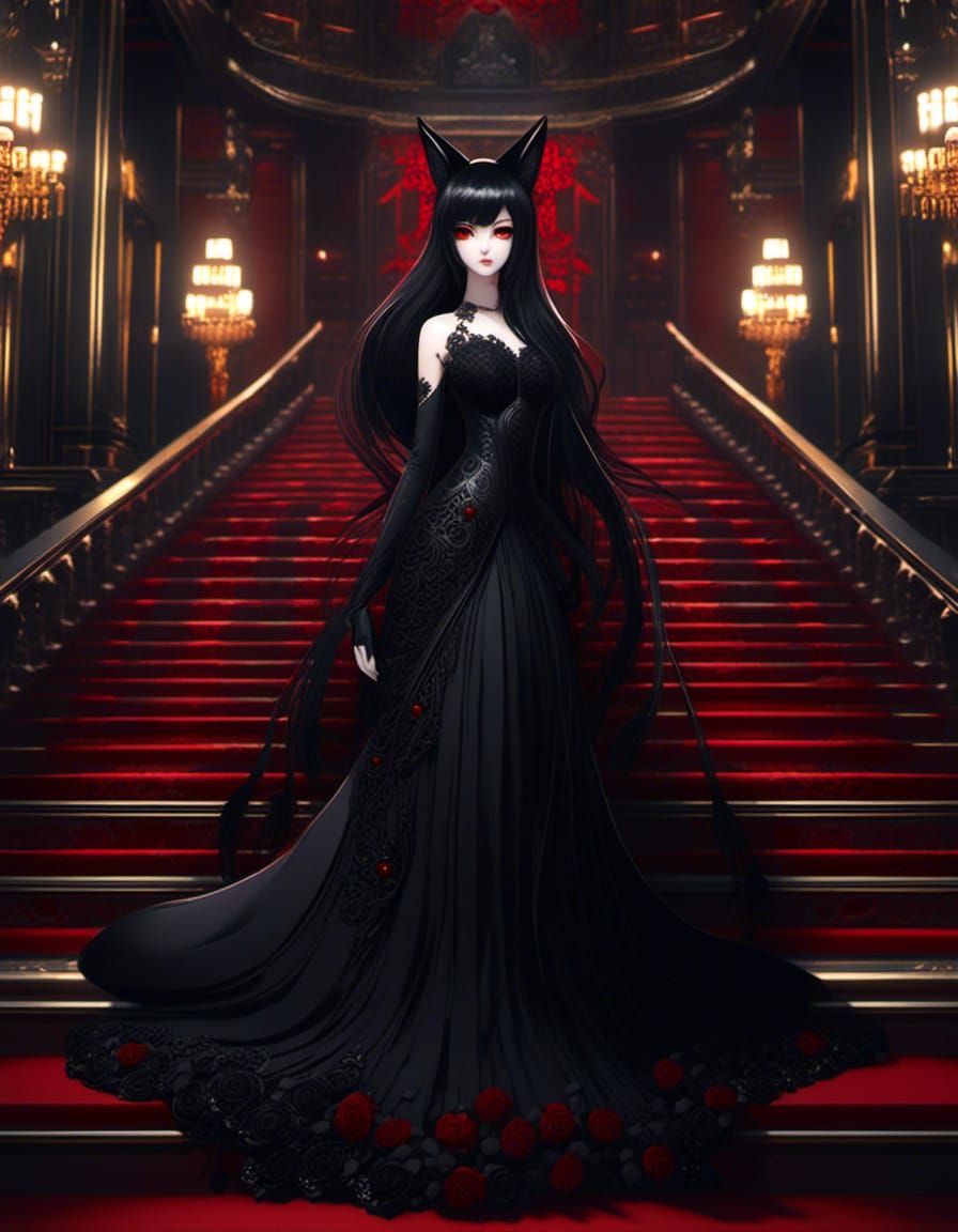 Beautiful Fox Girl, Long Black Hair, Red Eyes, Black Fox Ear...