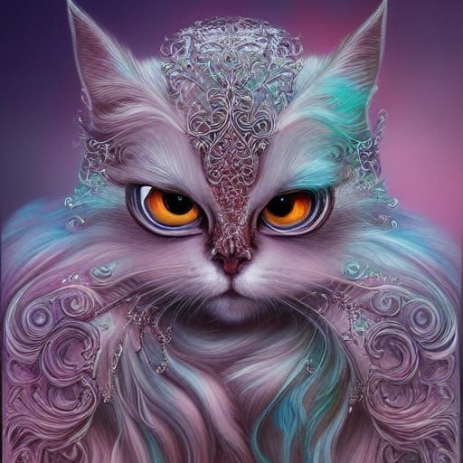 Magical Chrome Cat Filigree Hyperdetailed Digital Art