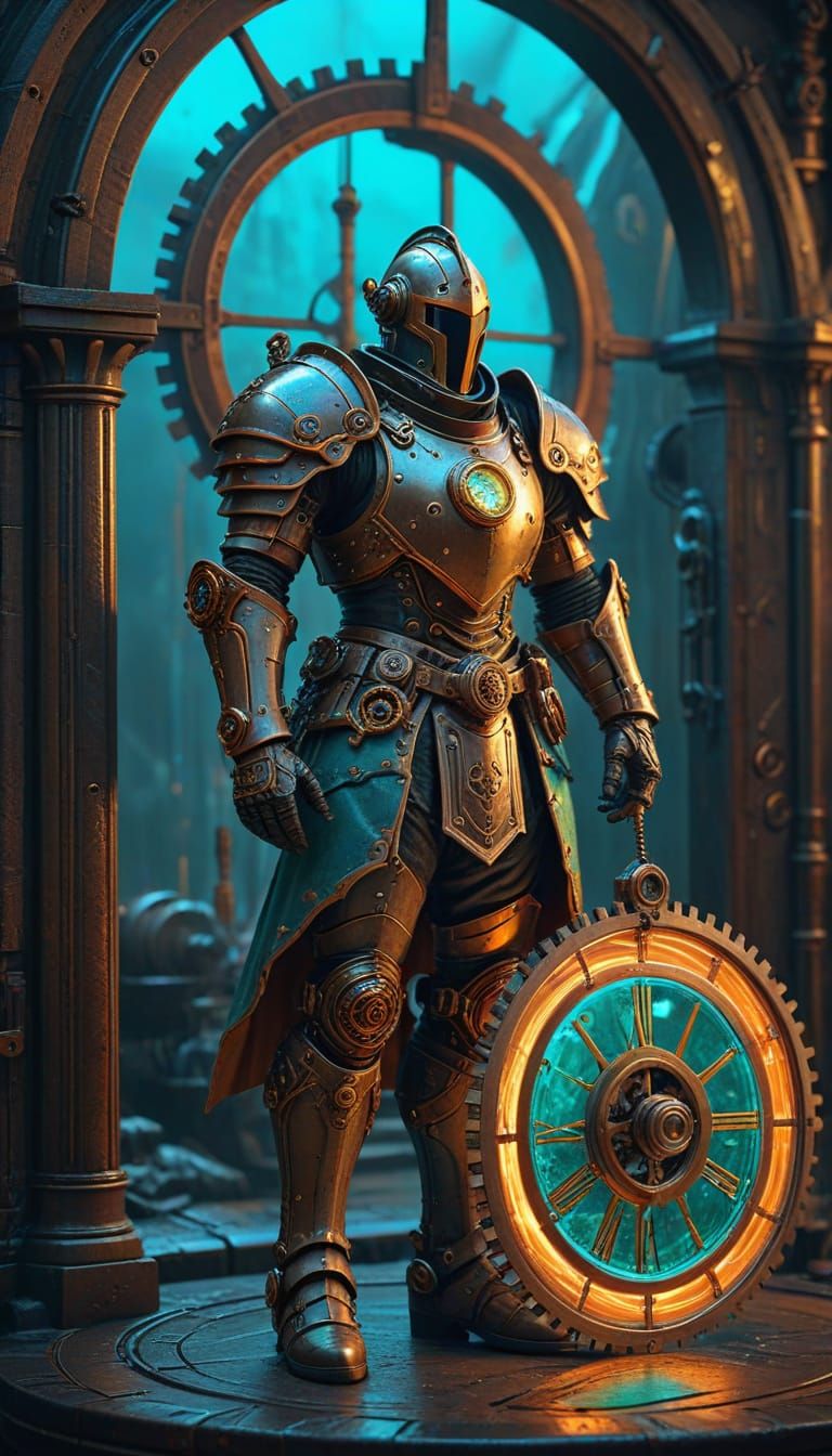 Steampunk Knight Guarding Clockwork Portal in Metallic Style