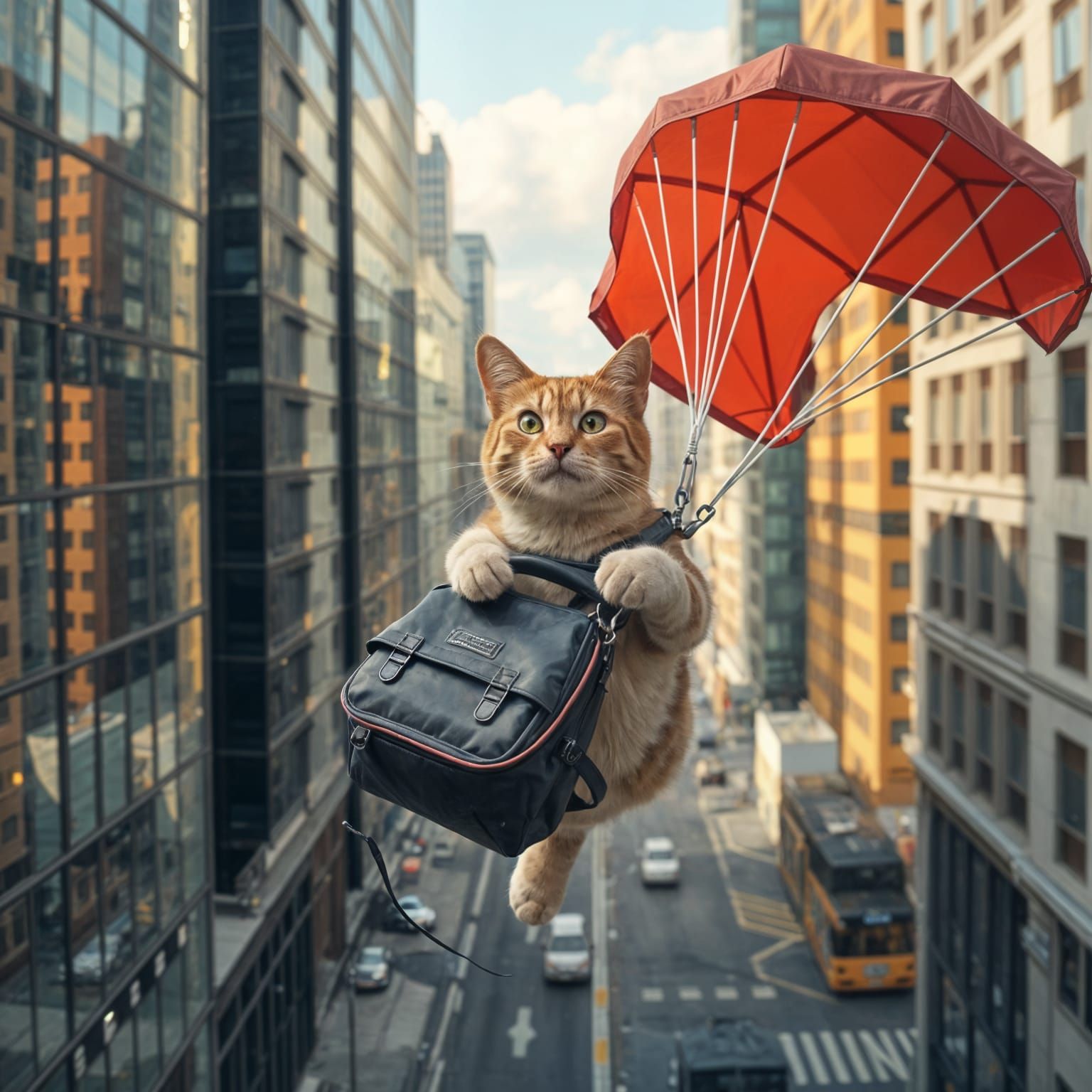 Cat Flies with Parachute Over Big City