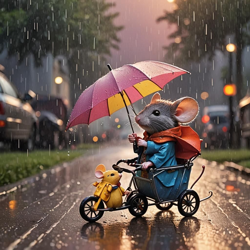 Mouse in Rain Pushing Pram at Sunset