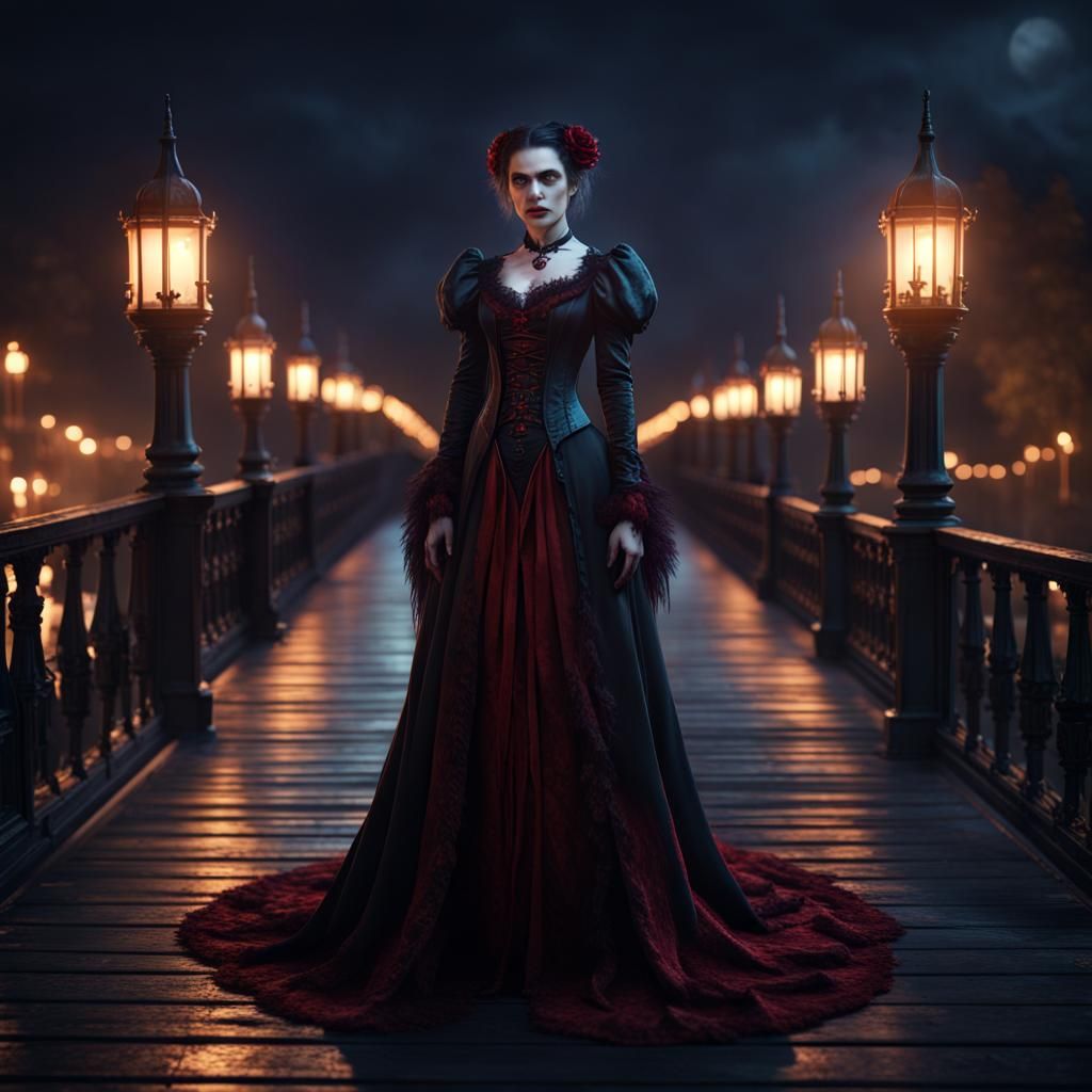 Loligoth Vampire on a Lamplit Bridge at Night