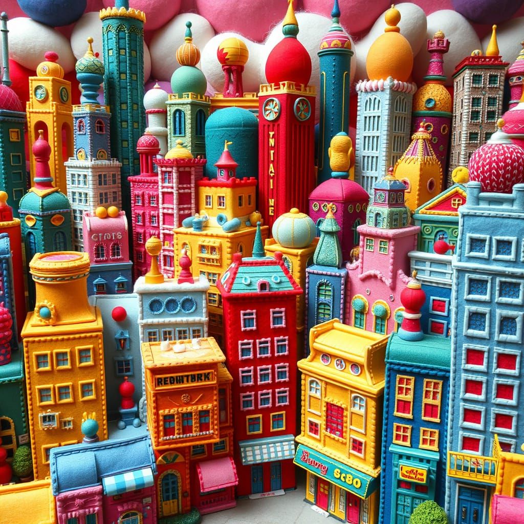 Whimsical Fabric Cityscape with Soft, Cuddly Buildings