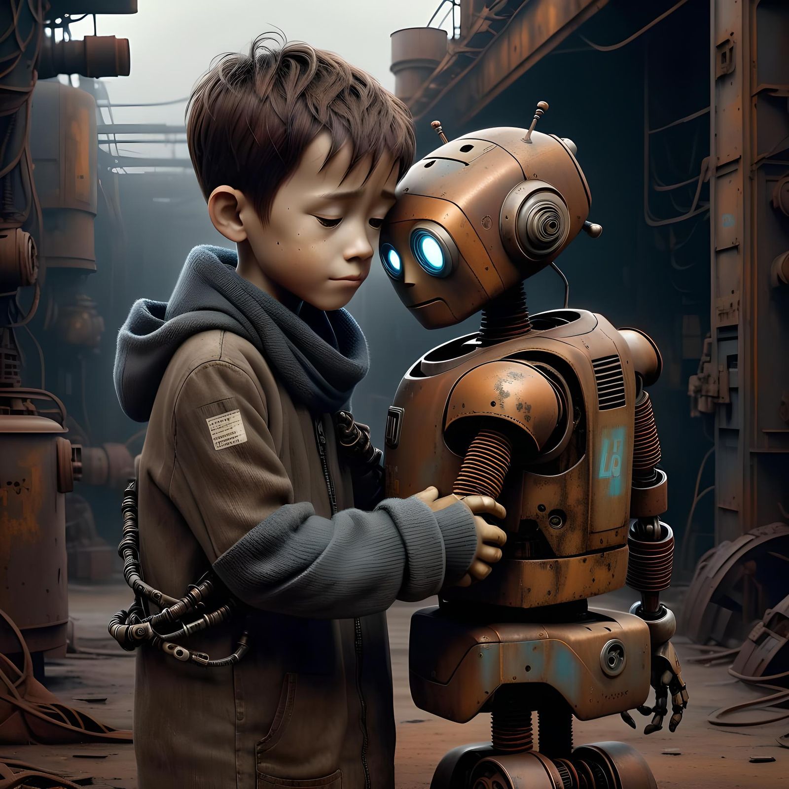Boy and Robot Hug in Dystopian Scene