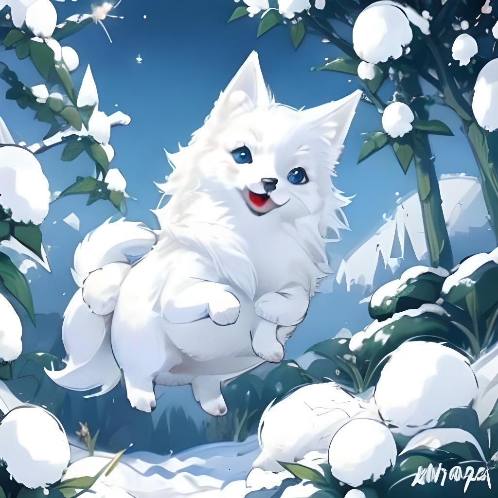 Anime White Fox Hopping in Snow